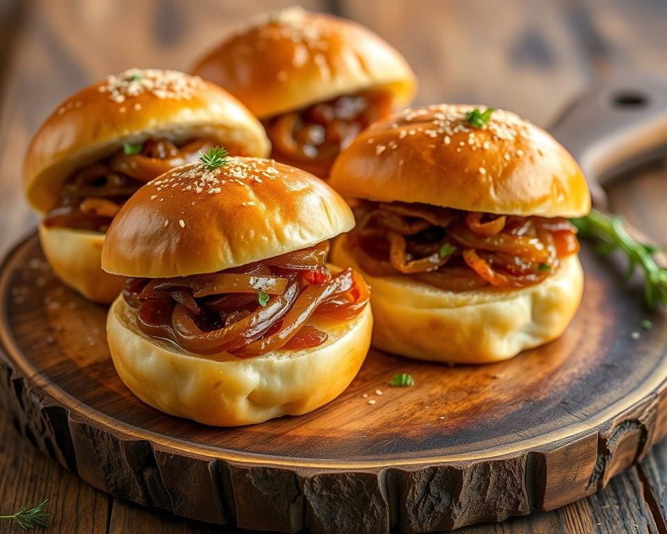 Briochebroodjes met gekarameliseerde uien