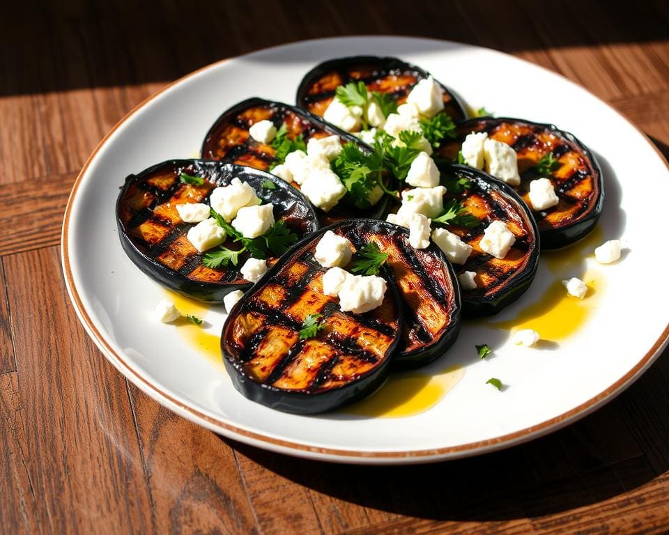 Gegrilde aubergine met knoflook en feta