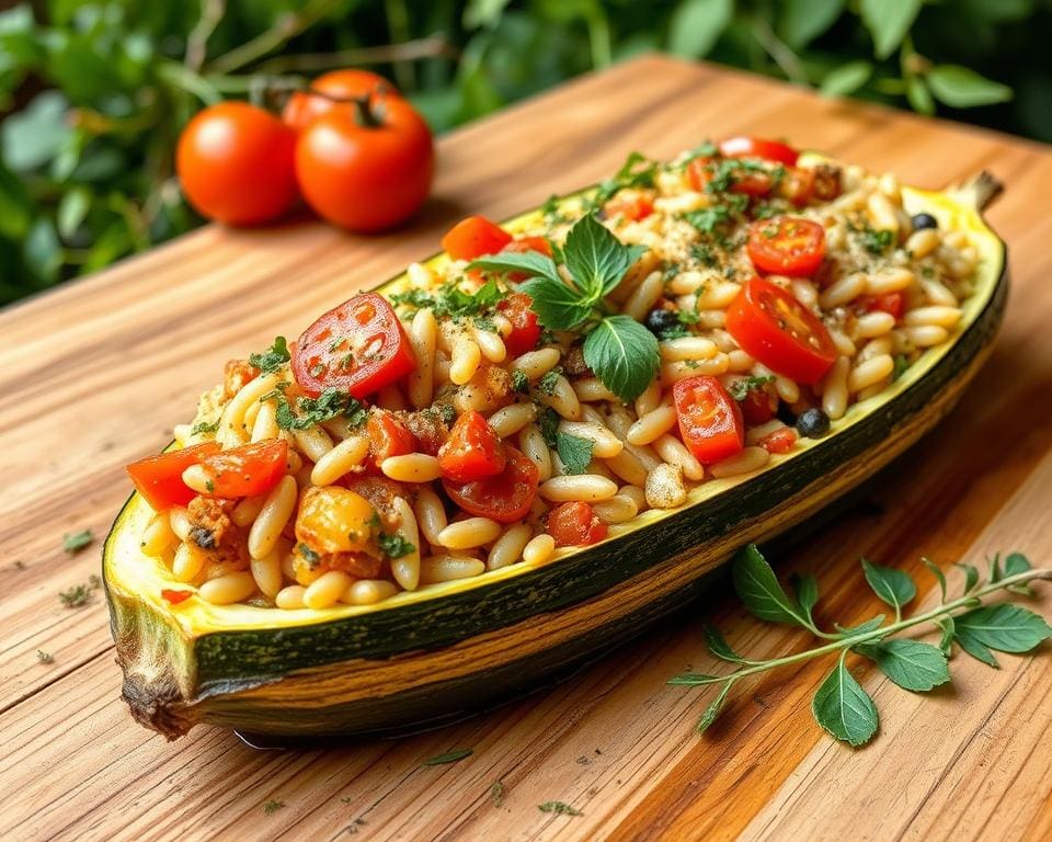 Gevulde courgettes met orzo en tomaten