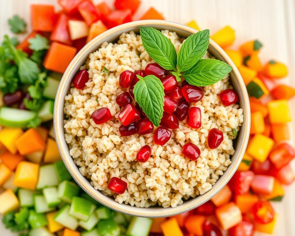 Quinoa bowl met granaatappel en munt