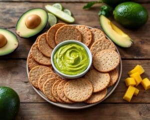 Volkoren crackers met een avocado-mangodip