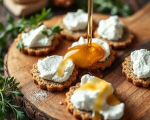 Volkoren crackers met geitenkaas en honing