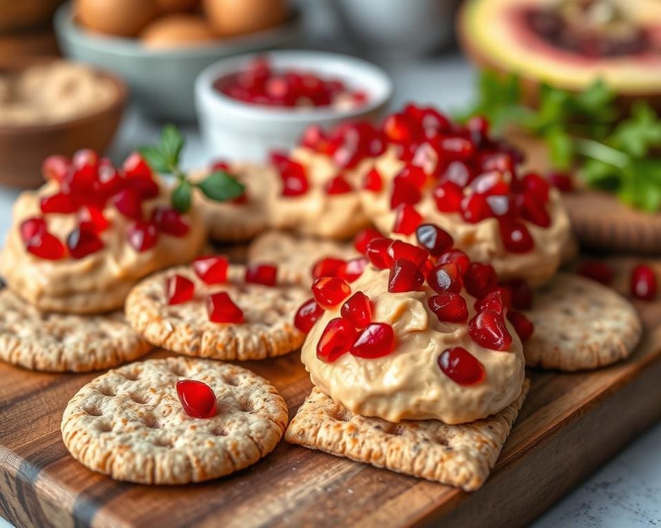 Volkoren crackers met hummus en granaatappelpitten