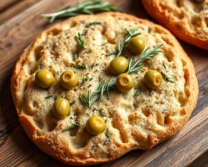 Volkoren focaccia met olijven en rozemarijn