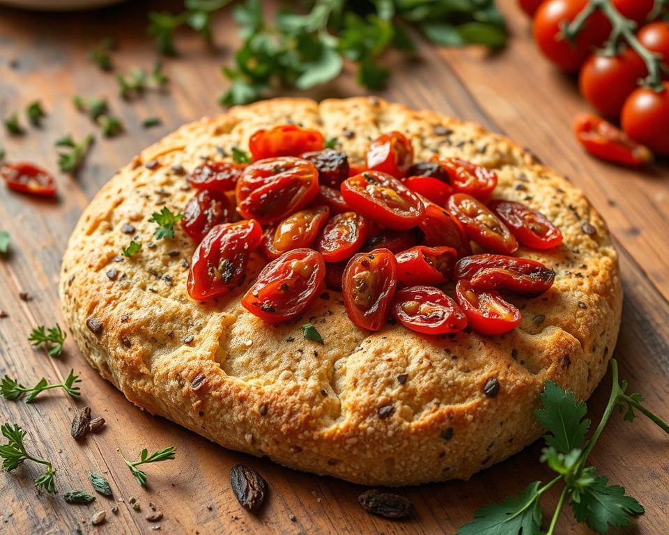 Volkoren focaccia met zongedroogde tomaten