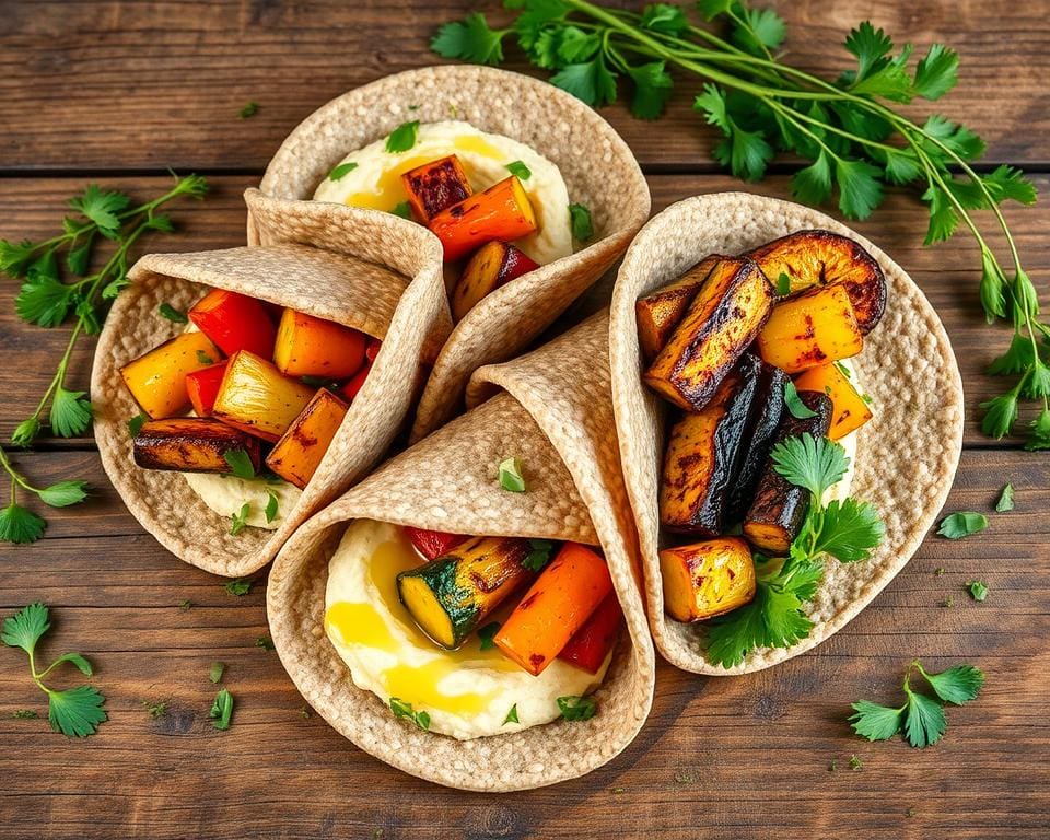 Volkoren wraps met hummus en gegrilde groenten