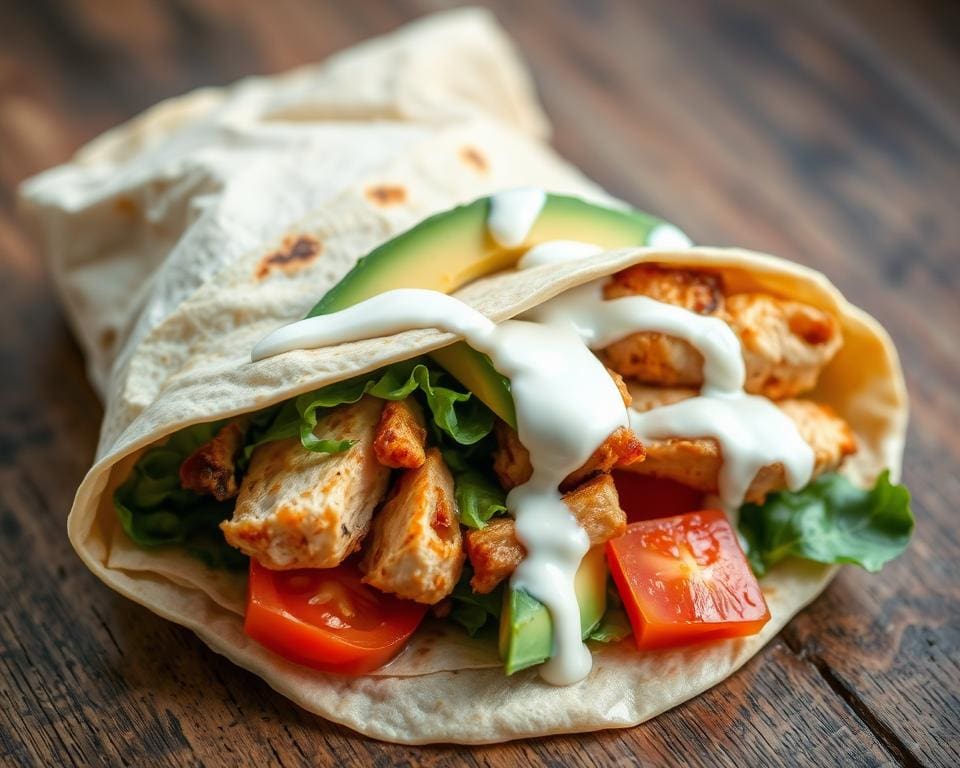 Wrap met gerookte kip, avocado en yoghurtdressing