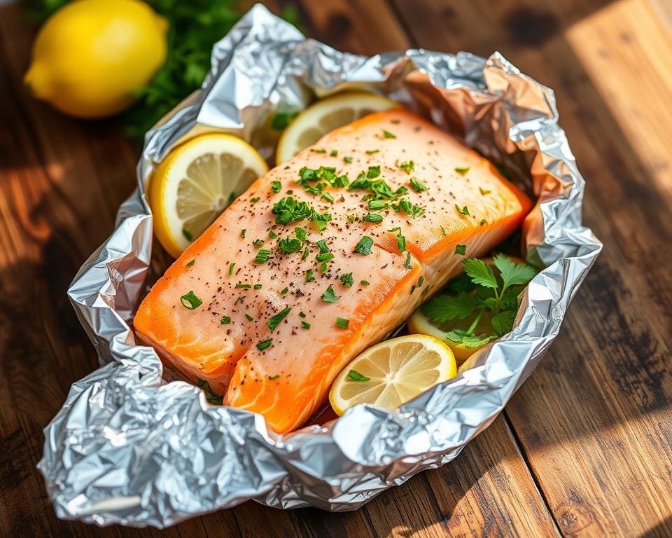 Zalm in folie met citroen en verse kruiden