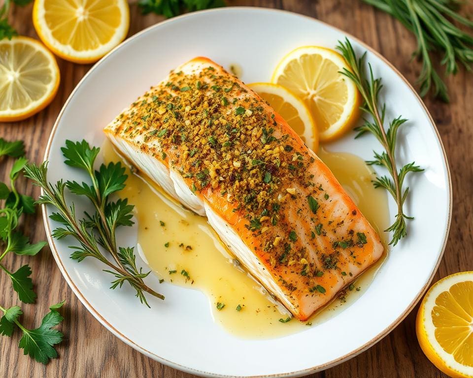 Zalmfilet met een kruidenkorst en citroenbotersaus