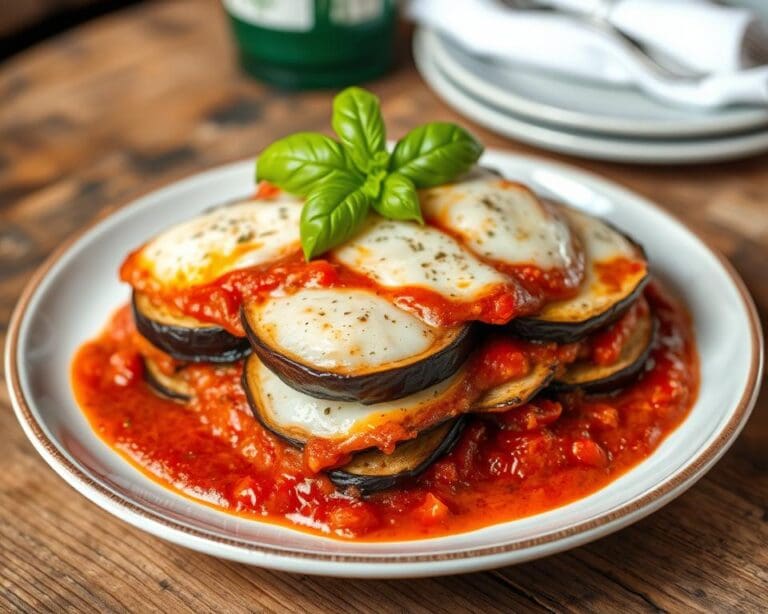 Aubergine parmigiana met mozzarella en basilicum