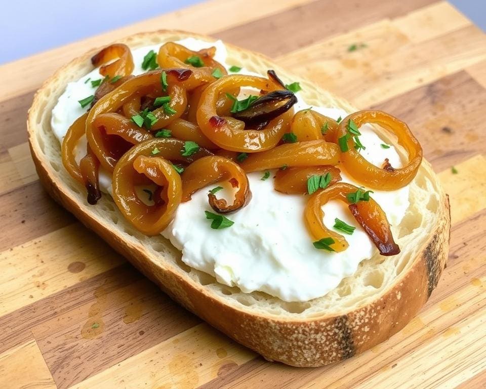 Ciabatta brood met geitenkaas en gekarameliseerde ui