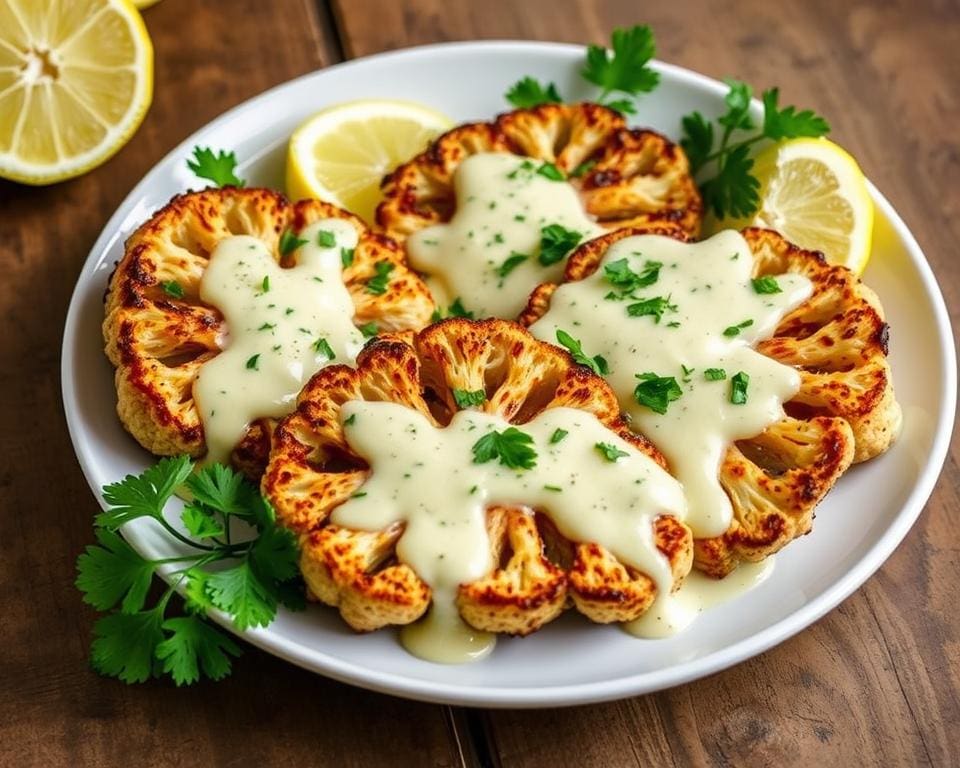 Geroosterde bloemkoolsteaks met een knoflooksaus