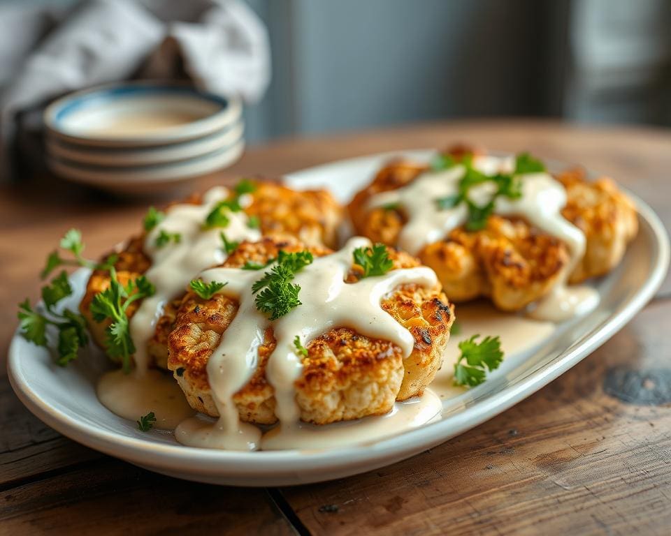 Geroosterde bloemkoolsteaks met een knoflooksaus