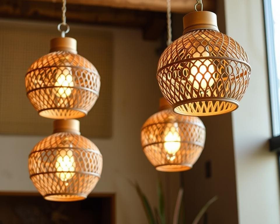 Hanglampen met een decoratieve rotan structuur