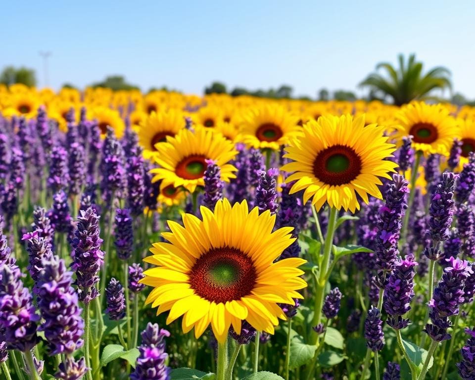 Hoe combineer je zonnebloemen met lavendel?