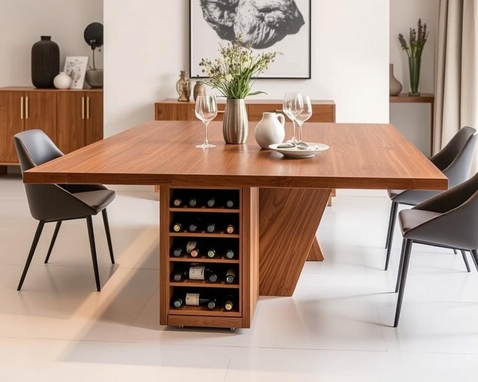 Moderne eettafel met ingebouwde wijnrekken