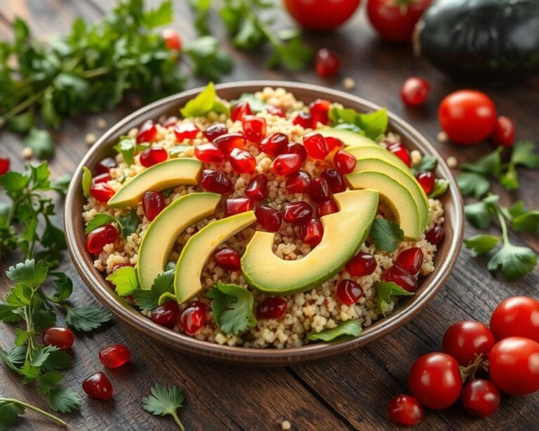 Quinoa salade met avocado en granaatappelpitten