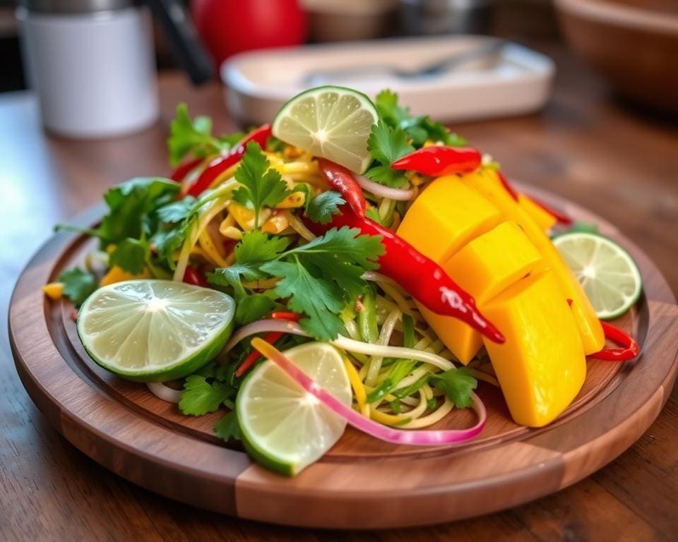 Thaise salade met limoen, koriander en mango