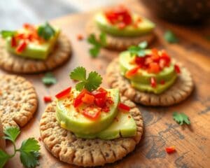 Volkoren crackers met avocado en chilipeper