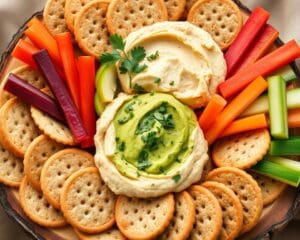 Volkoren crackers met hummus en avocado-dip