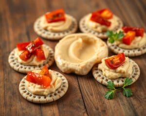 Volkoren crackers met hummus en geroosterde paprika