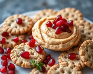 Volkoren crackers met hummus en granaatappelpitten