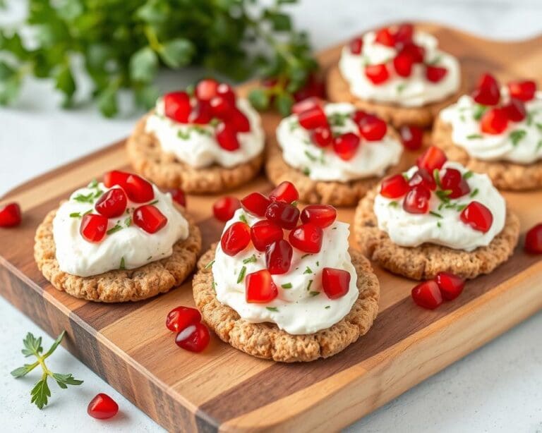 Volkoren crackers met kruidenkaas en granaatappel