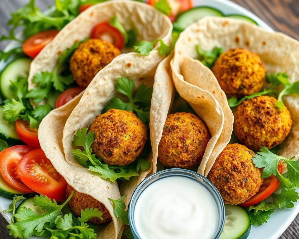 Volkoren wraps met falafel en een frisse yoghurtdip