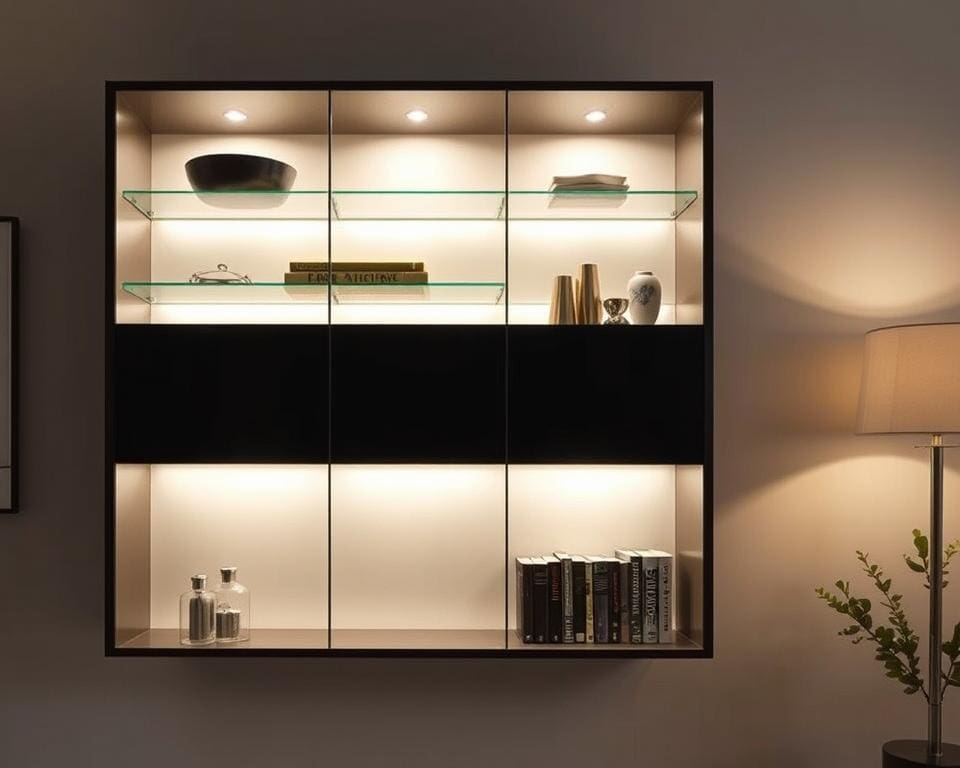 Wandkast met glasplaten en LED-verlichting