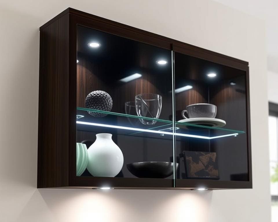 Wandkast met glasplaten en LED-verlichting