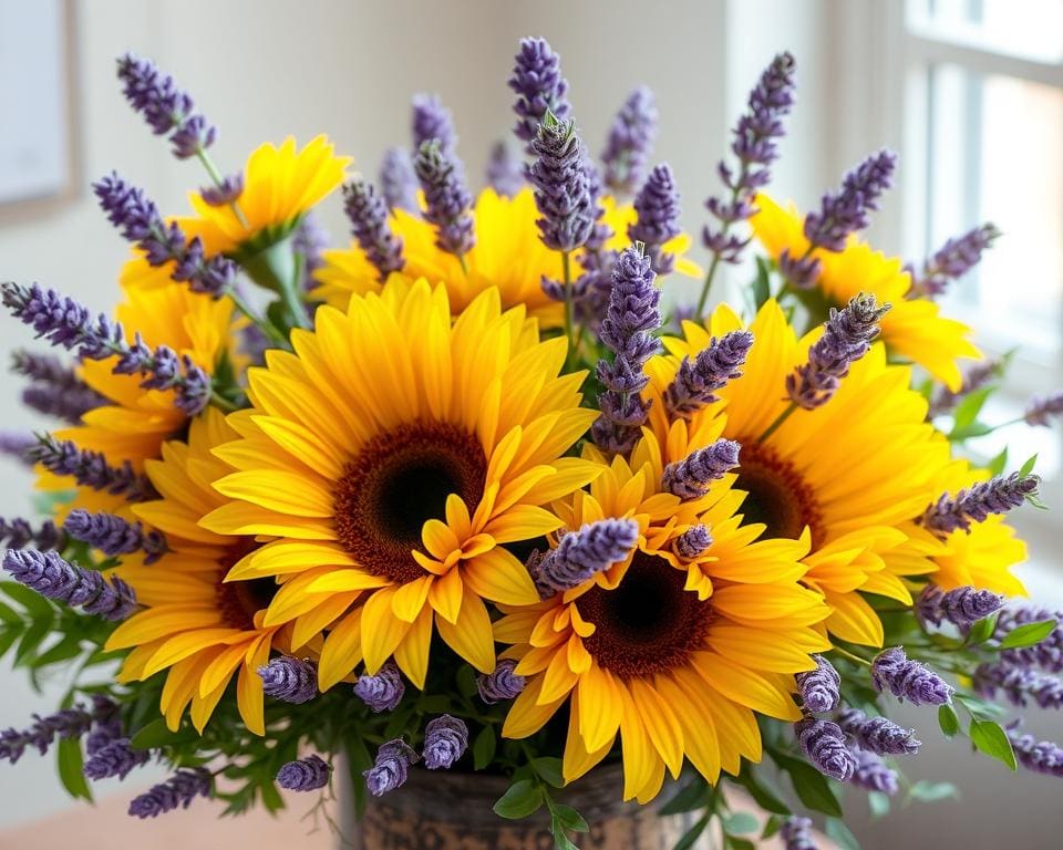 bloemstuk met zonnebloemen en lavendel