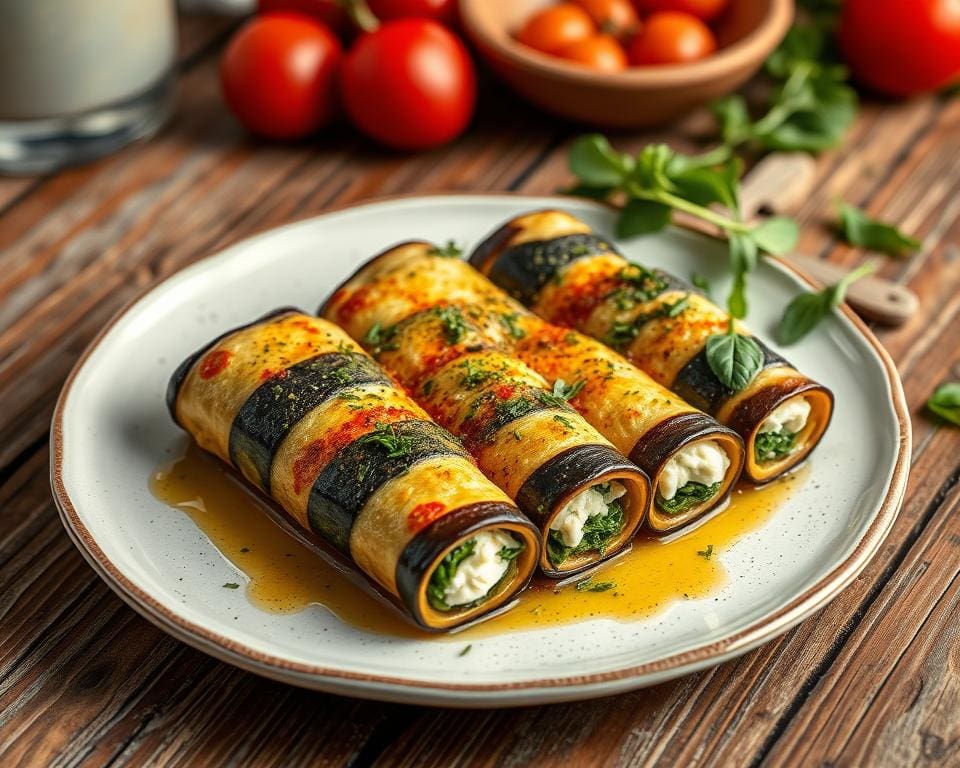 Aubergine rolletjes gevuld met spinazie en ricotta