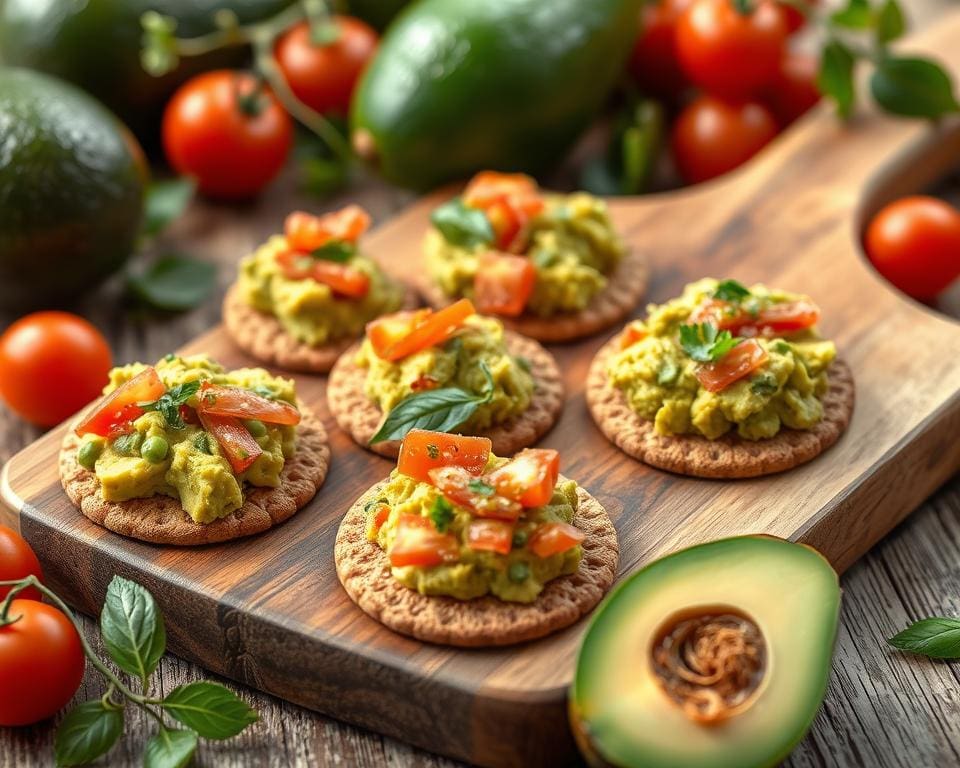 Volkoren crackers met een avocado-tomatenspread